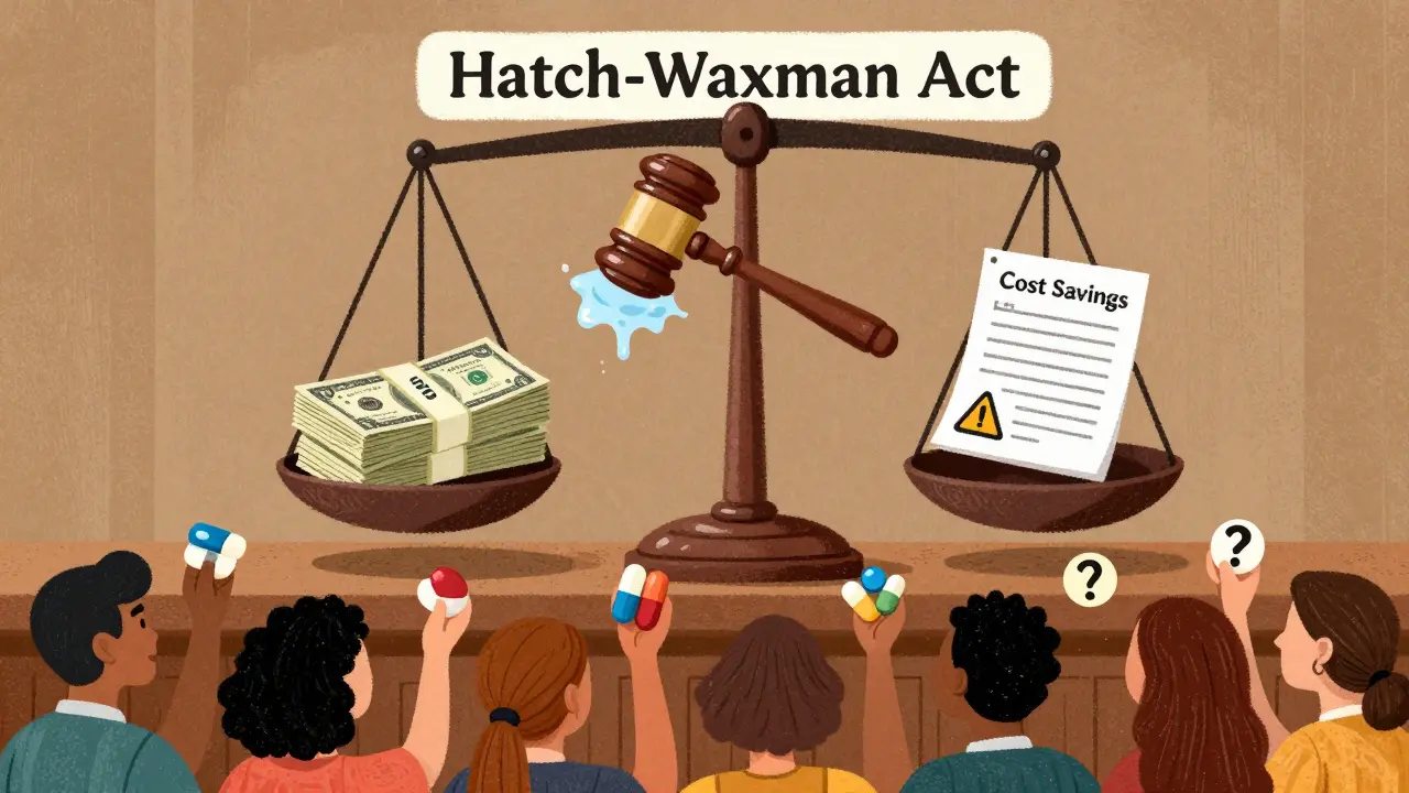 A scale weighs healthcare savings against patient safety, with diverse patients holding different generic pills.