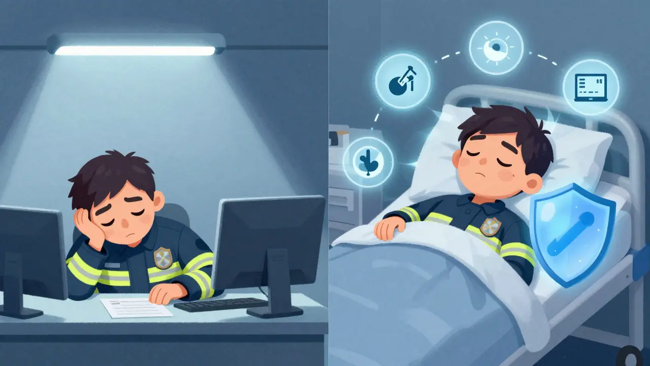 A split image showing a tired worker before and after a strategic nap, with visual cues of improved alertness and safety.