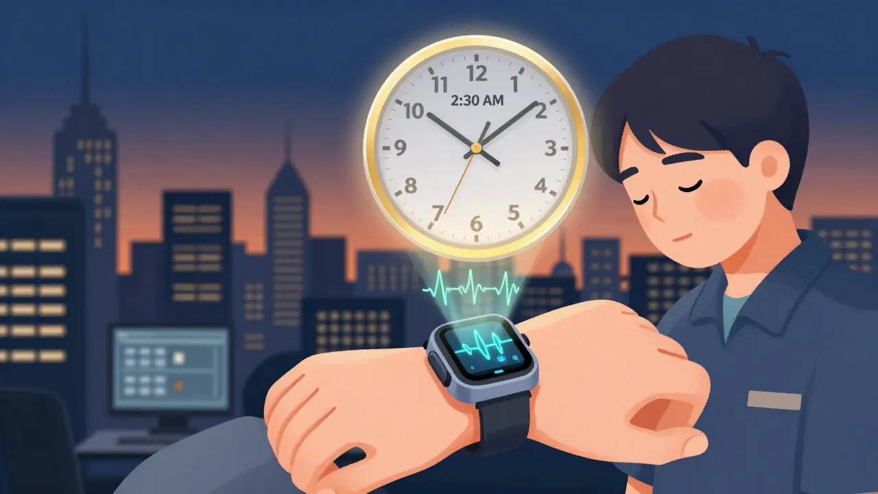A wearable device guides a shift worker to nap at the optimal time, with a glowing 2:30 AM window and cityscape in transition.