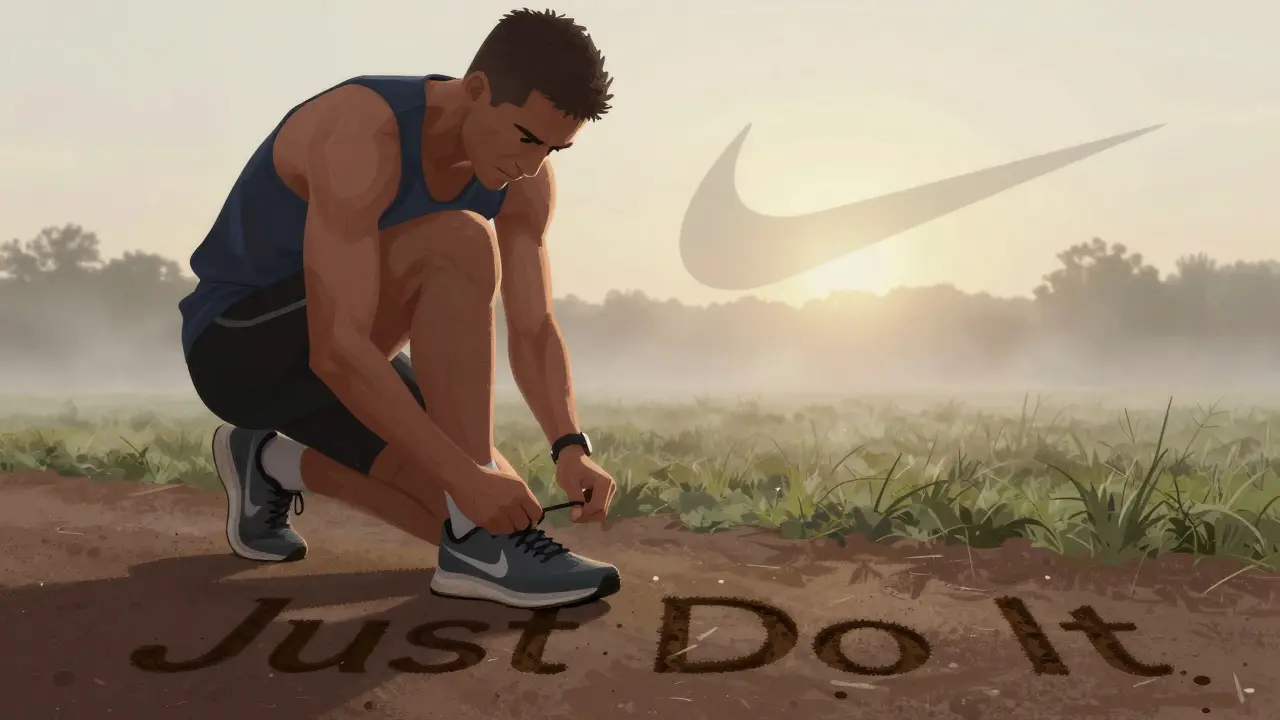 An athlete runs at dawn with 'Just Do It' etched into the ground, embodying internalized motivation.