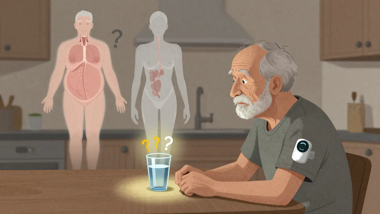 An elderly patient at a table with water and salt, surrounded by three body types representing different sodium imbalance conditions.
