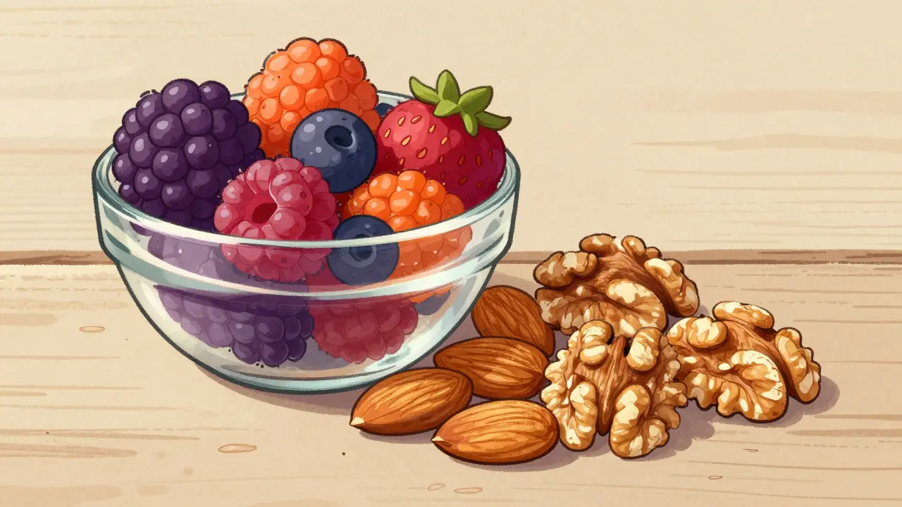 Cartoon drawing of fruit bowl next to pile of nuts showing balanced snack choice