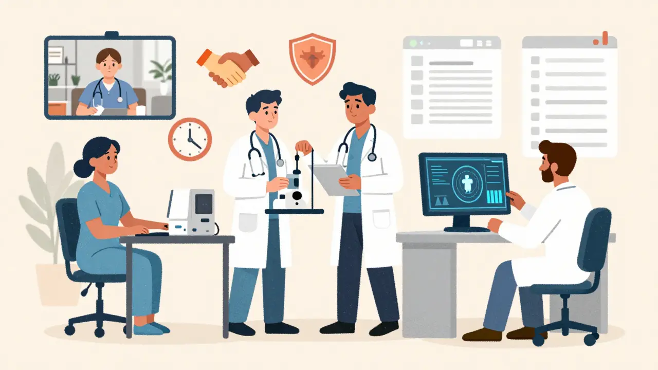 Diverse healthcare team working together with AI tools and flexible scheduling.