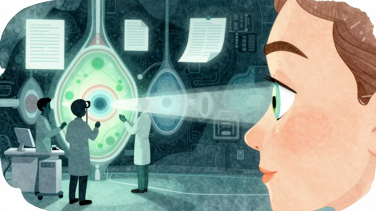 Doctors monitoring retinal health with glowing diagnostic tools.