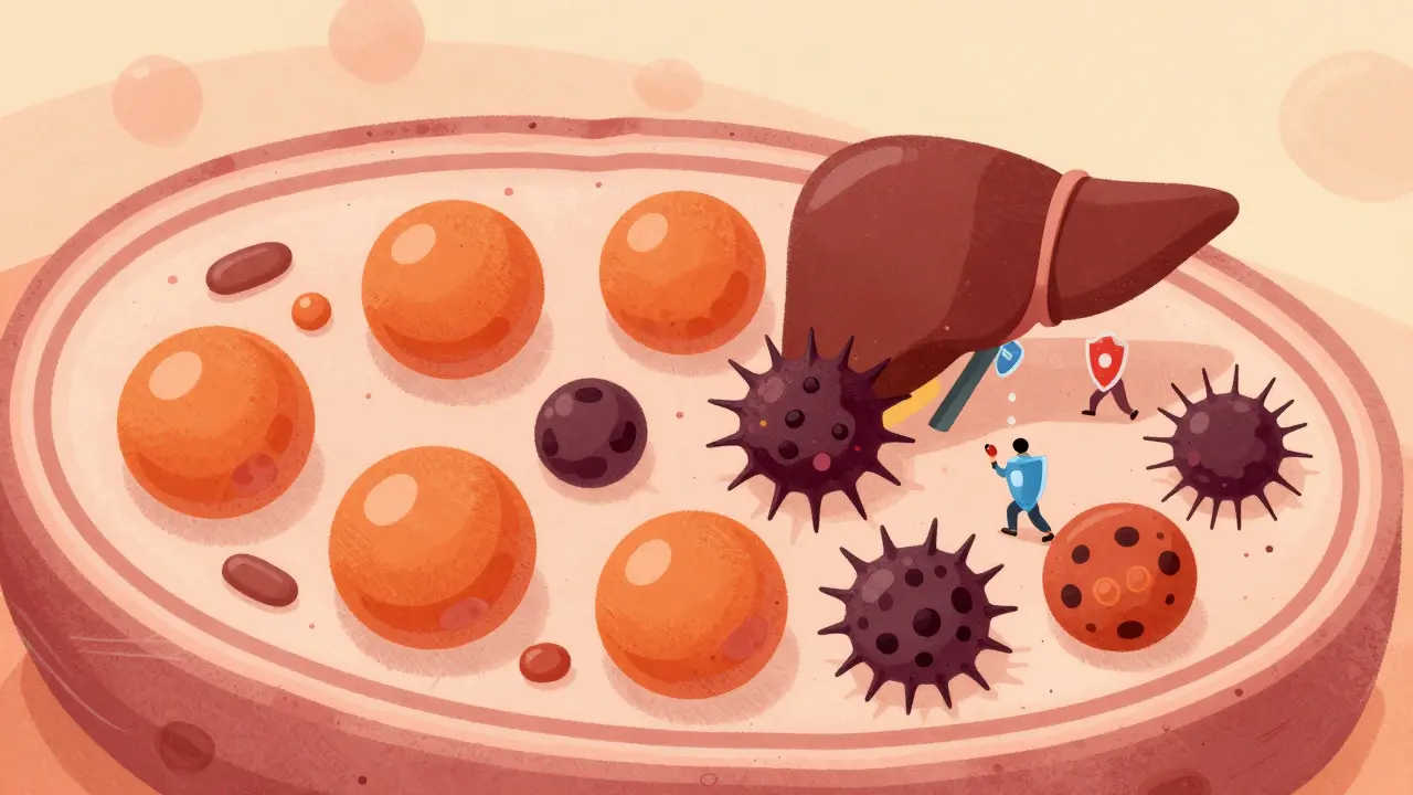 Illustration of liver cells battling toxic molecules with protective shields