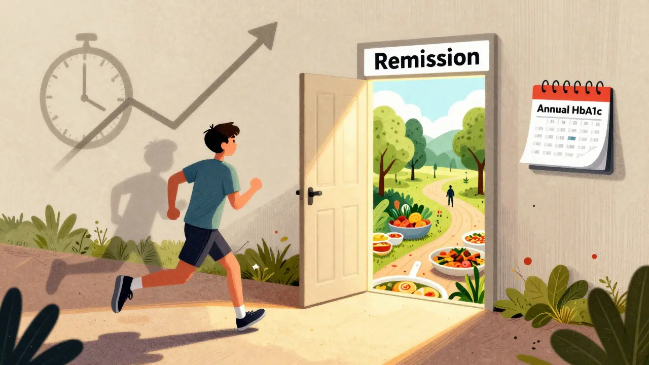 Person jogging with shadow of rising HbA1c graph, glowing 'Remission' door ahead, annual checkup calendar floating nearby.