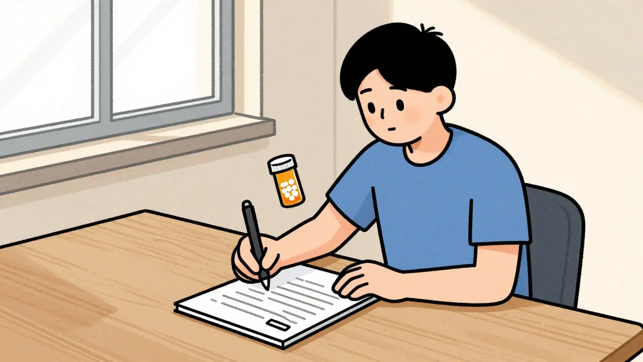 Person tracking medication doses on a notepad in a bright room