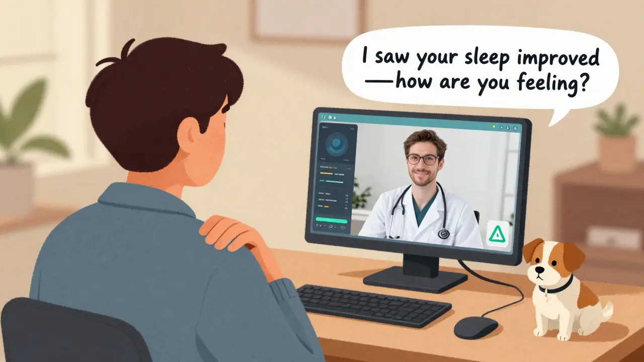 Provider offering empathetic virtual care while reviewing patient health data.