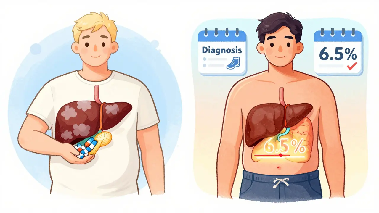 Split illustration: person with fatty organs on left, clear glowing organs on right, blood sugar graph below 6.5%.