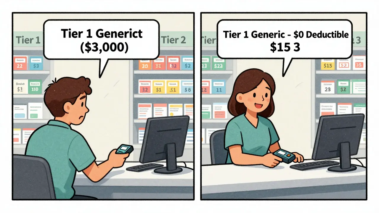 Split-screen pharmacy scene showing high vs low out-of-pocket costs for generics with tier labels in background.