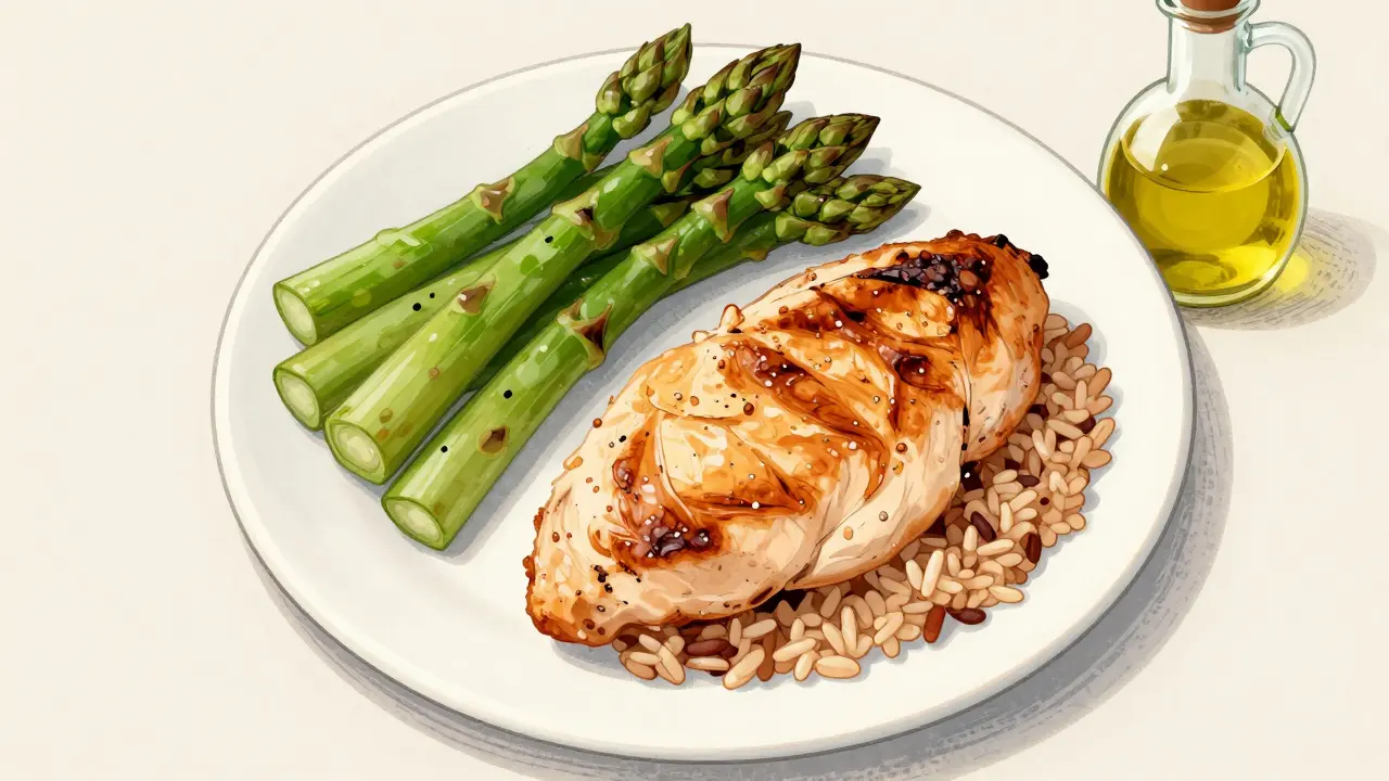 Top view illustrated plate split into sections of veggies, protein, and grains