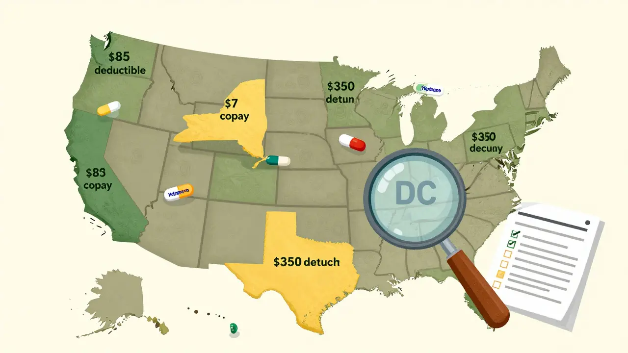 U.S. map with state-specific drug cost rules and generic pill labels floating between regions.