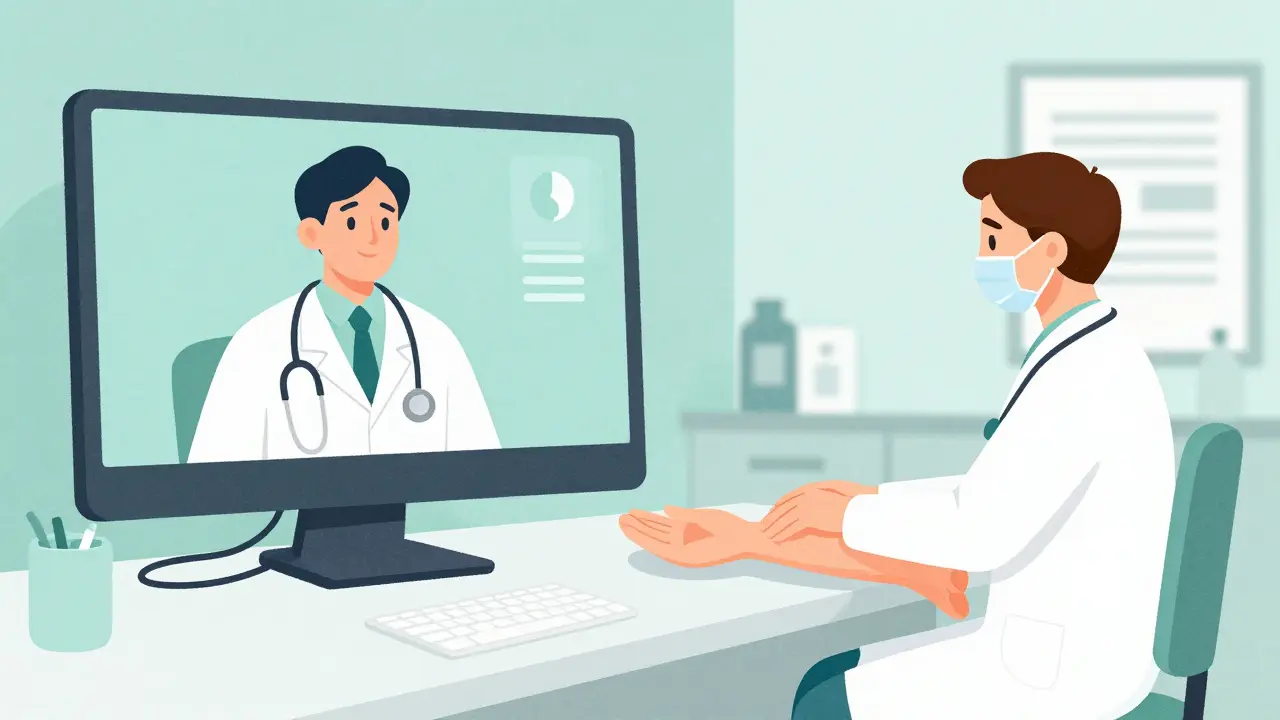 A conceptual illustration combining a telehealth video call and an in-person medical exam.