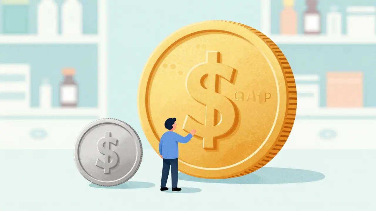 A giant gold coin next to a smaller silver coin symbolizing the price difference between biologics and biosimilars