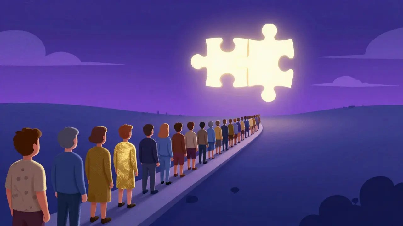 A long queue of people waiting for a compatible kidney match under a starry sky