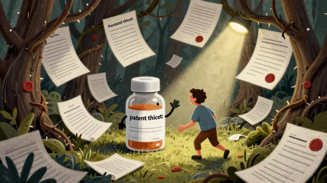 A medicine bottle blocked by a thicket of legal documents and scrolls representing patent barriers
