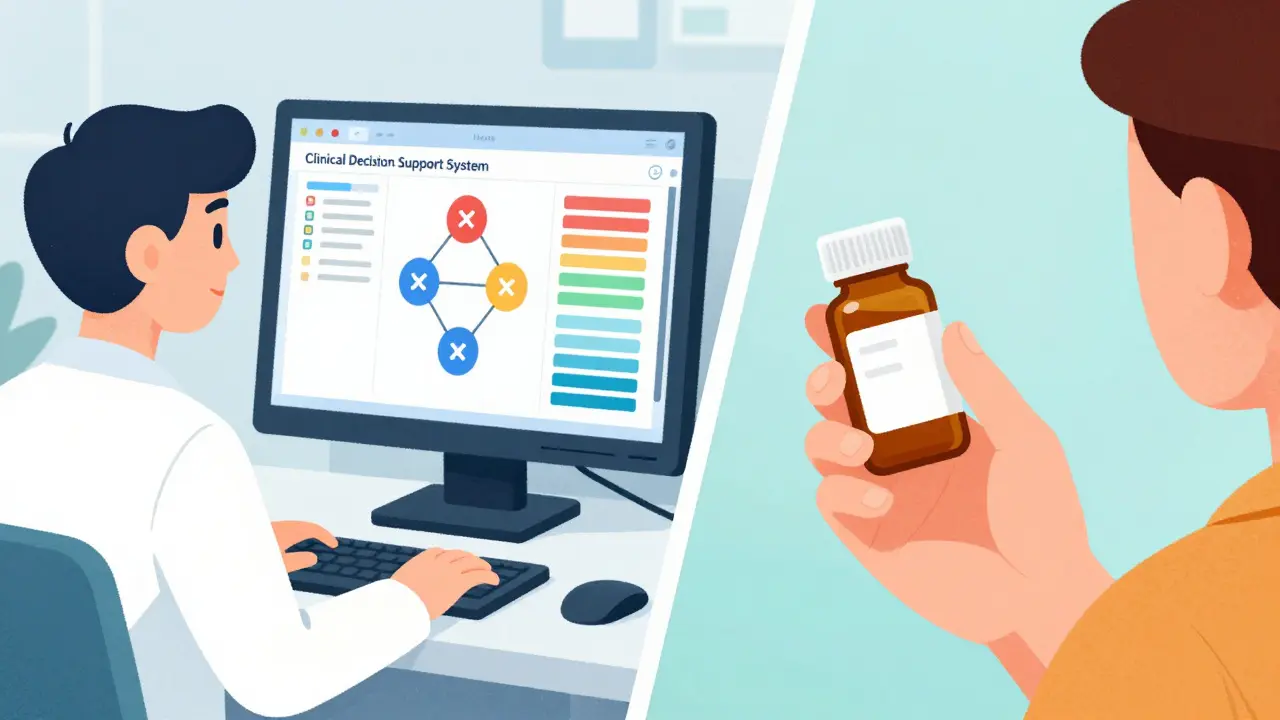 A pharmacist using clinical software to analyze medications while a patient shows a bottle on camera.