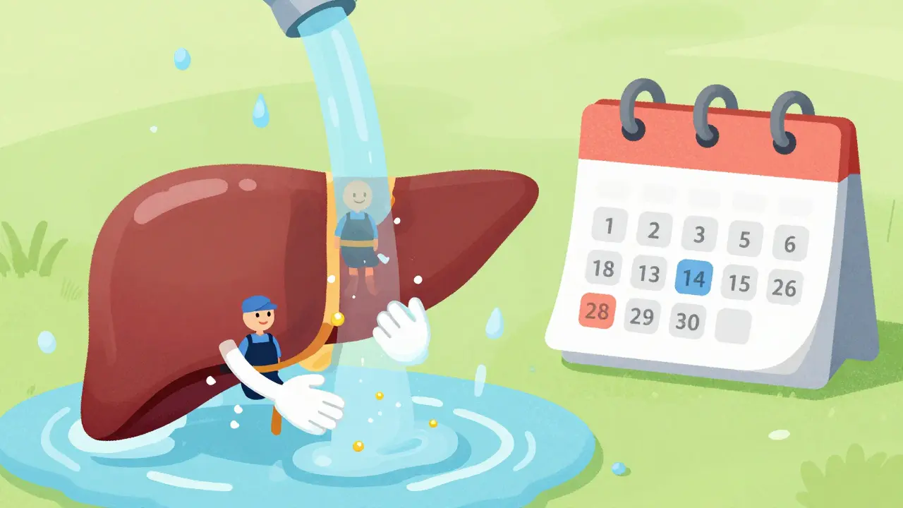 A stylized liver being cleaned by water with a 14-day calendar nearby