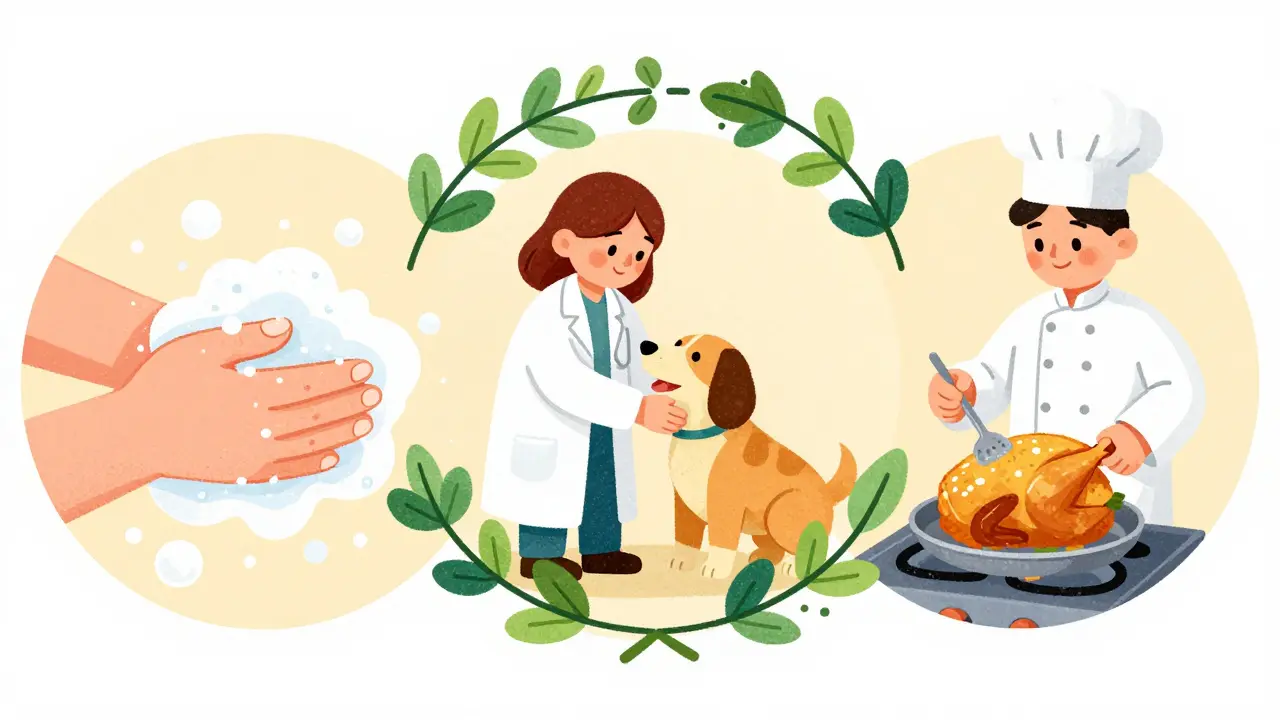 Cartoon showing handwashing, vet care, and cooking meat as part of the One Health approach.