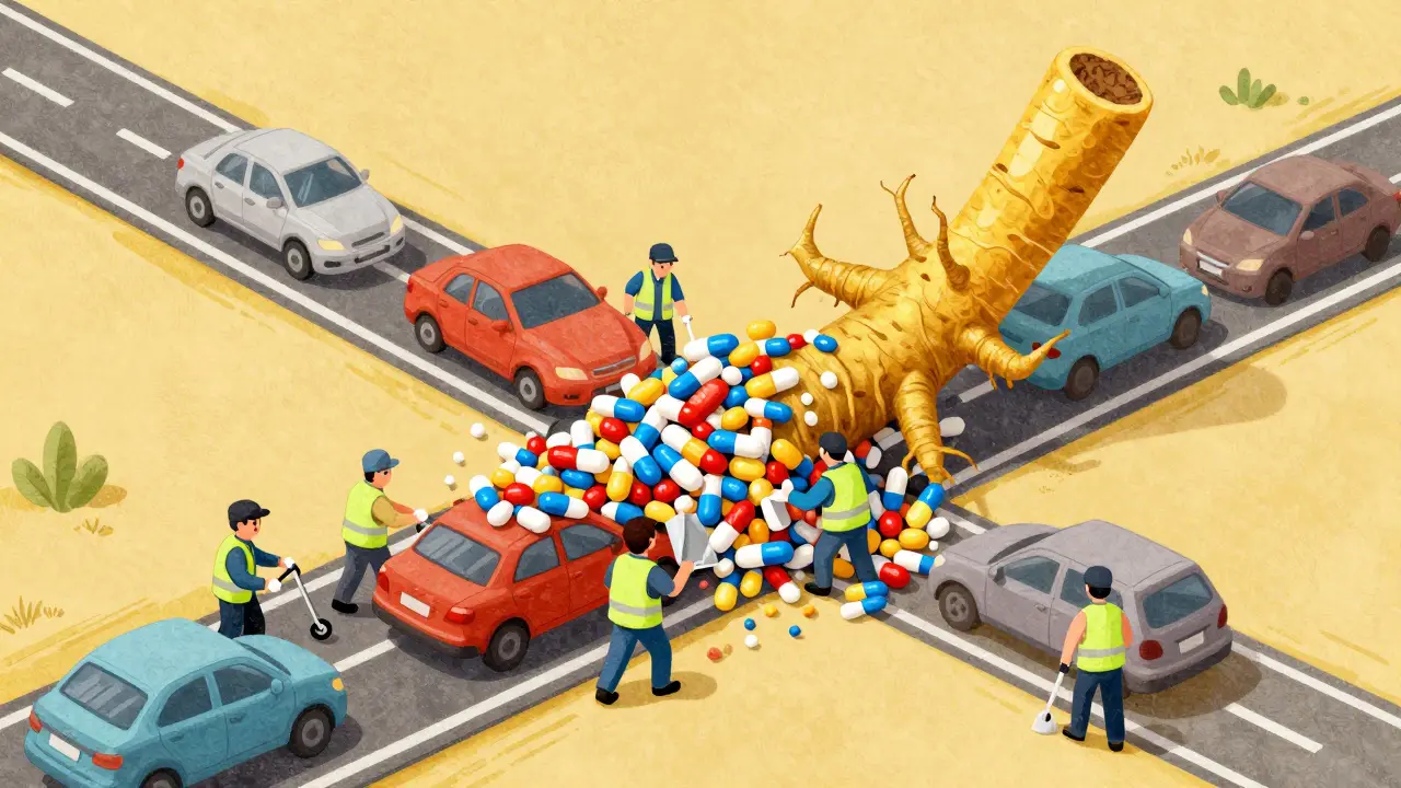 Cartoon workers struggling to clear a traffic jam of pills blocked by a goldenseal root