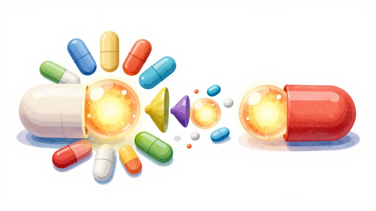 Conceptual illustration comparing the active ingredients of brand and generic pills.