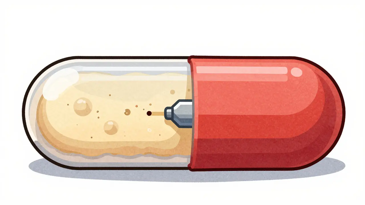 Cross-section illustration of an extended-release pill showing a gel matrix and osmotic pump mechanism.