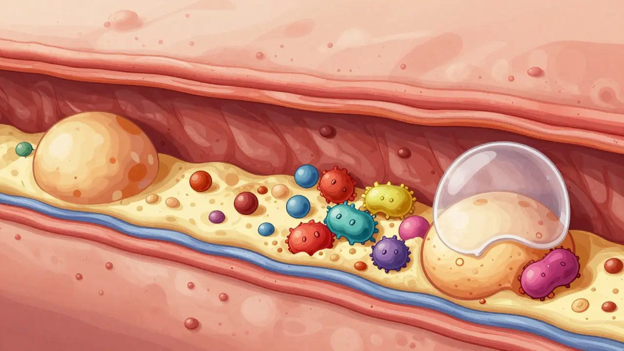 Detailed illustration of stable and unstable arterial plaques with cholesterol and immune cells.