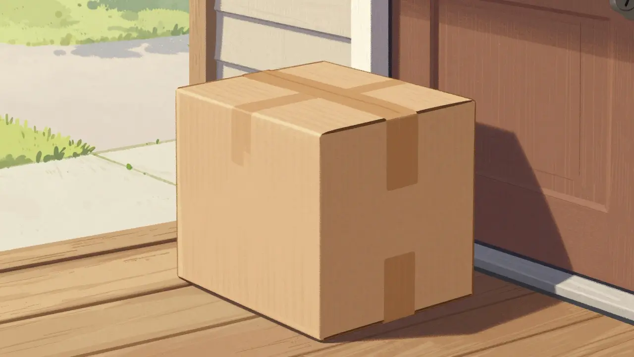 Discreet plain package delivered to a home porch