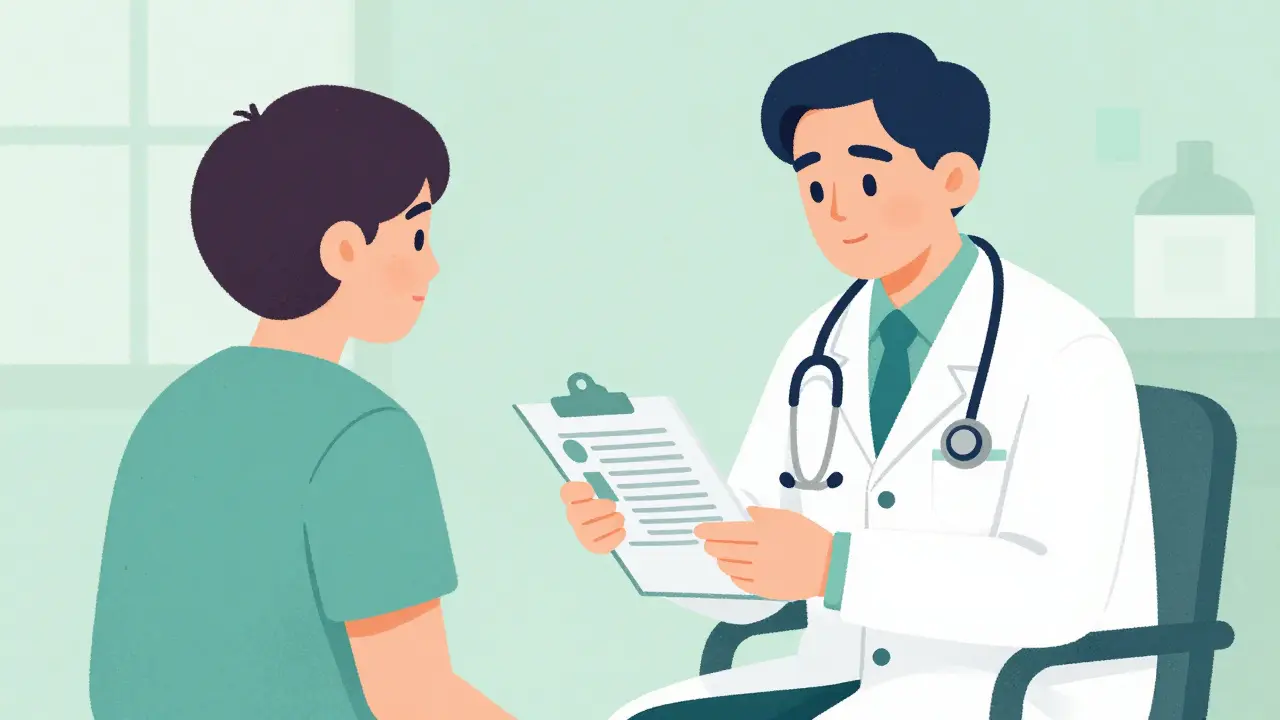 Doctor and patient reviewing a medication log together in a clinic.