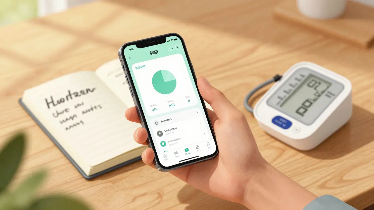 Hand holding a phone with a medication app next to a health log and blood pressure monitor.
