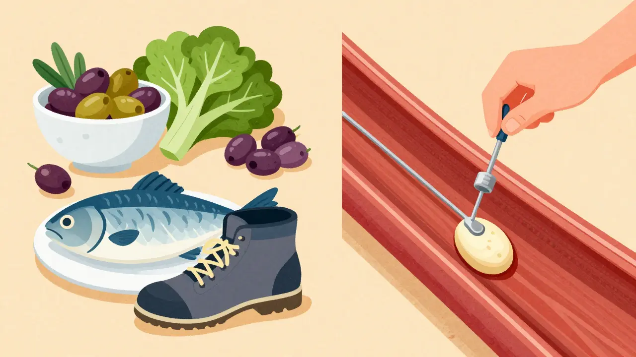 Illustration comparing a heart-healthy diet and a medical stent procedure in an artery.