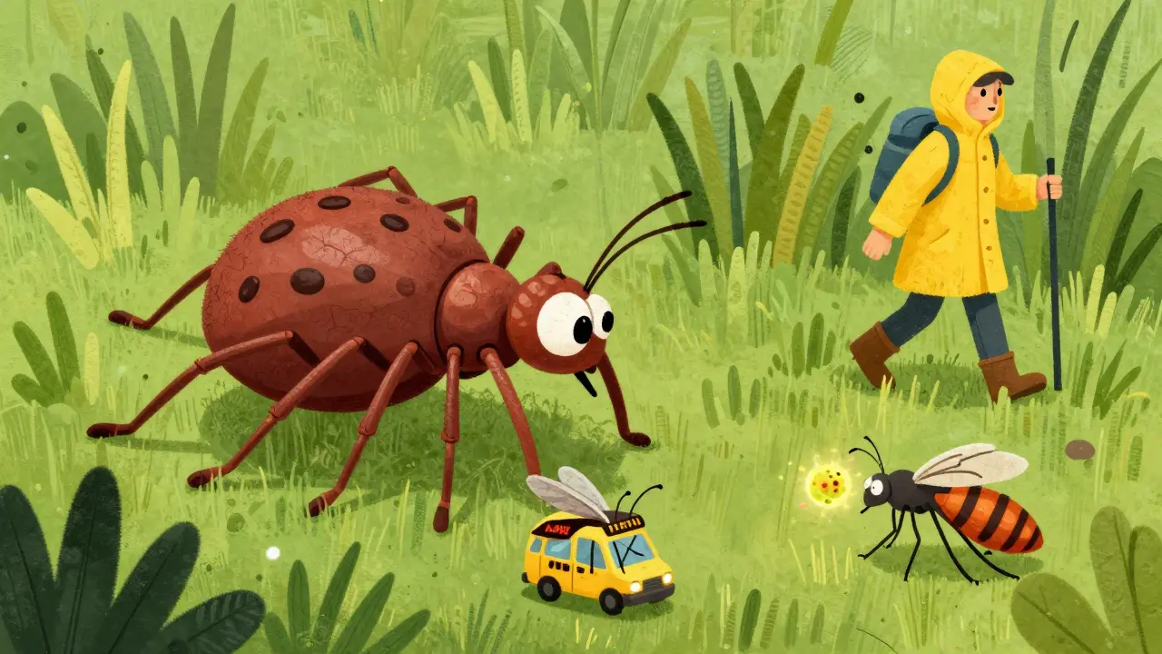 Illustration of a tick and mosquito acting as vectors for diseases in a grassy field.