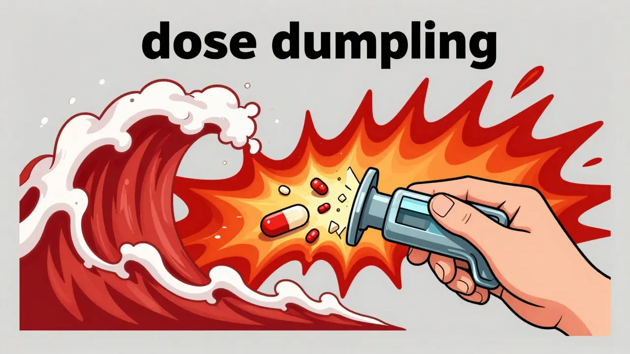 Illustration showing a crushed pill releasing a large, dangerous wave of medication.