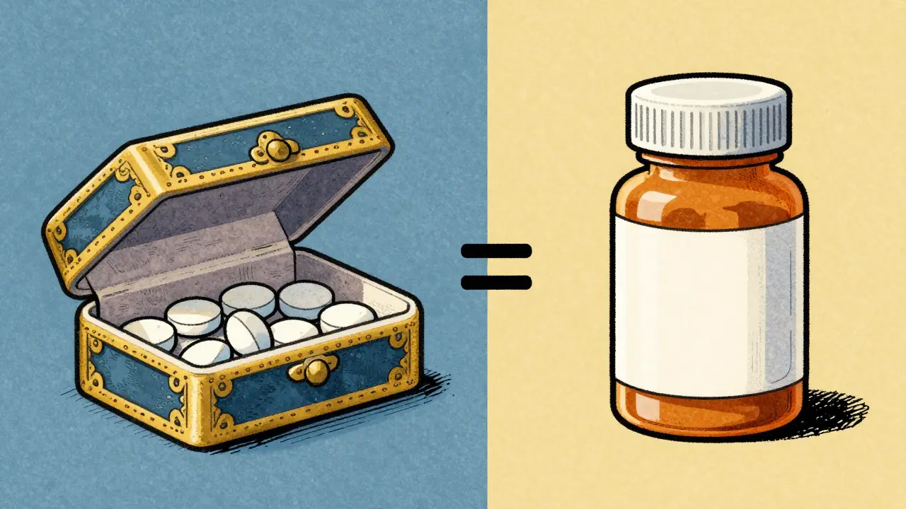 Illustration showing the equivalence between brand-name and generic medication