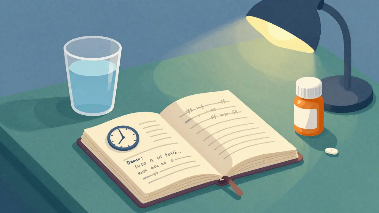 Open symptom journal with a pill bottle on a desk for health tracking