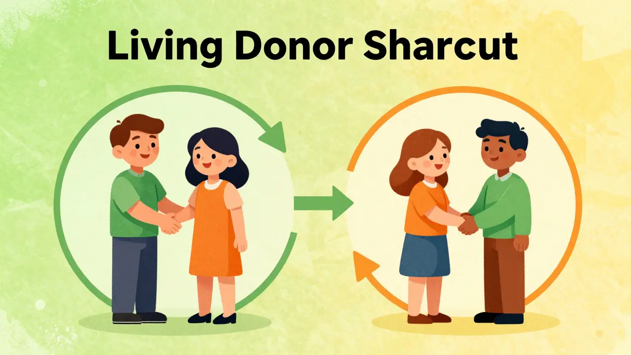 Two pairs of people happily swapping kidney donors in a paired exchange program
