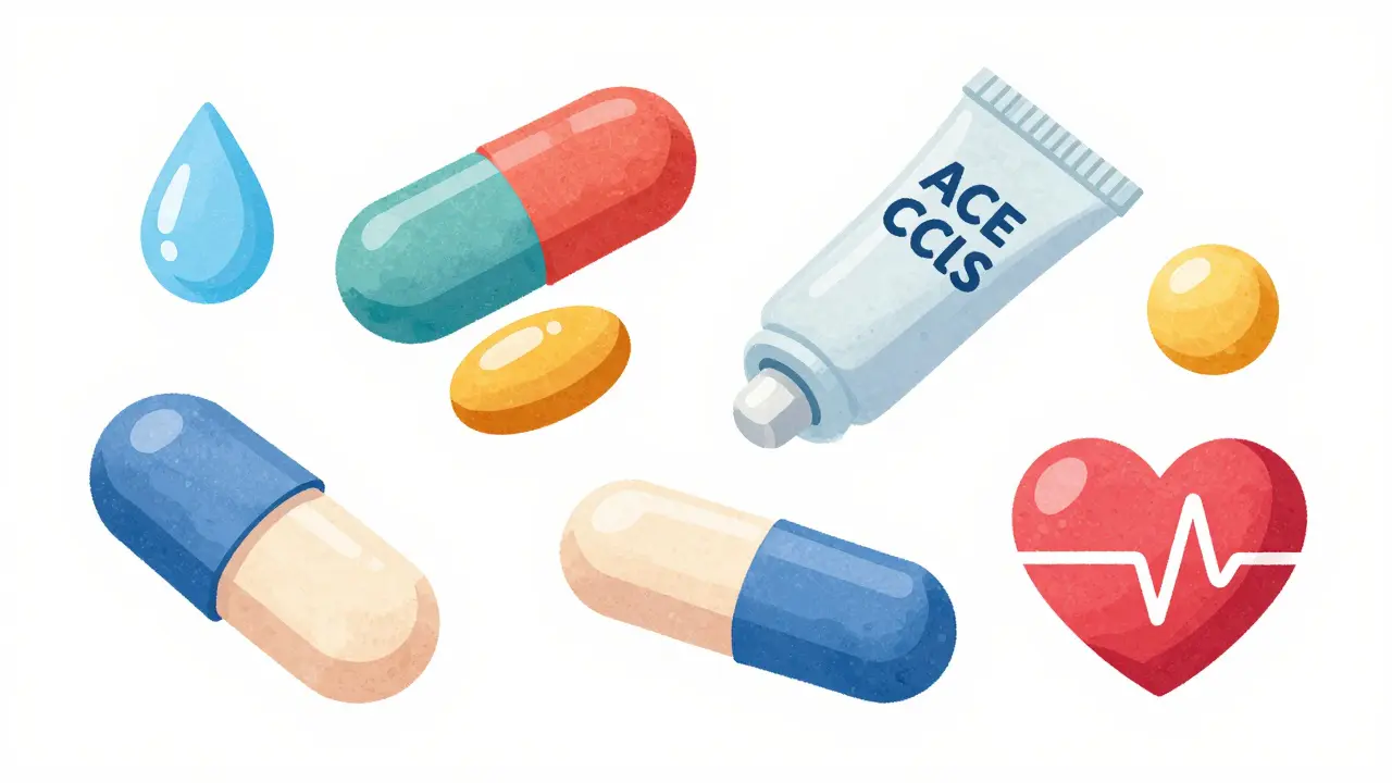 Various colorful pills surrounded by icons representing fluid reduction and vessel relaxation.