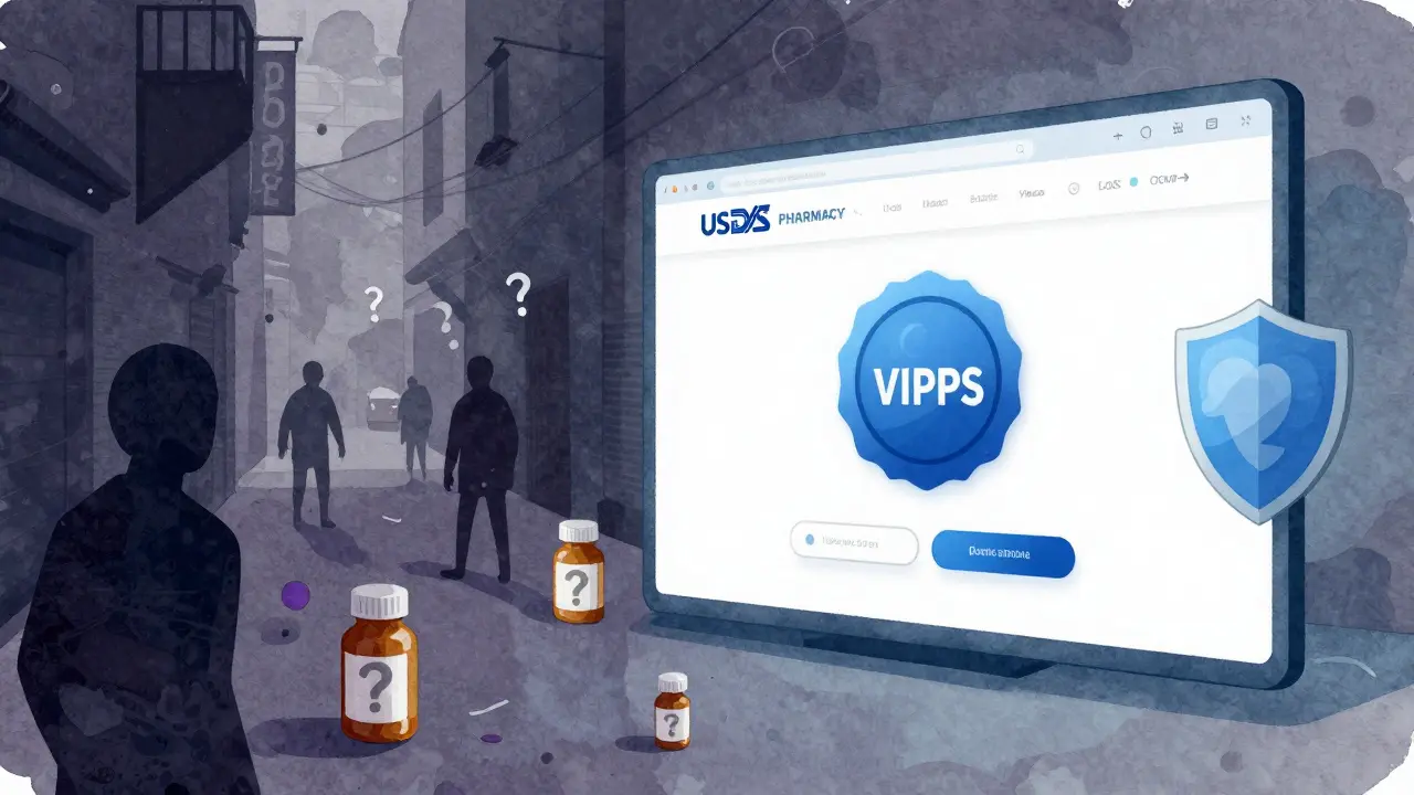Artistic depiction of safe online pharmacies versus dangerous counterfeit sites.