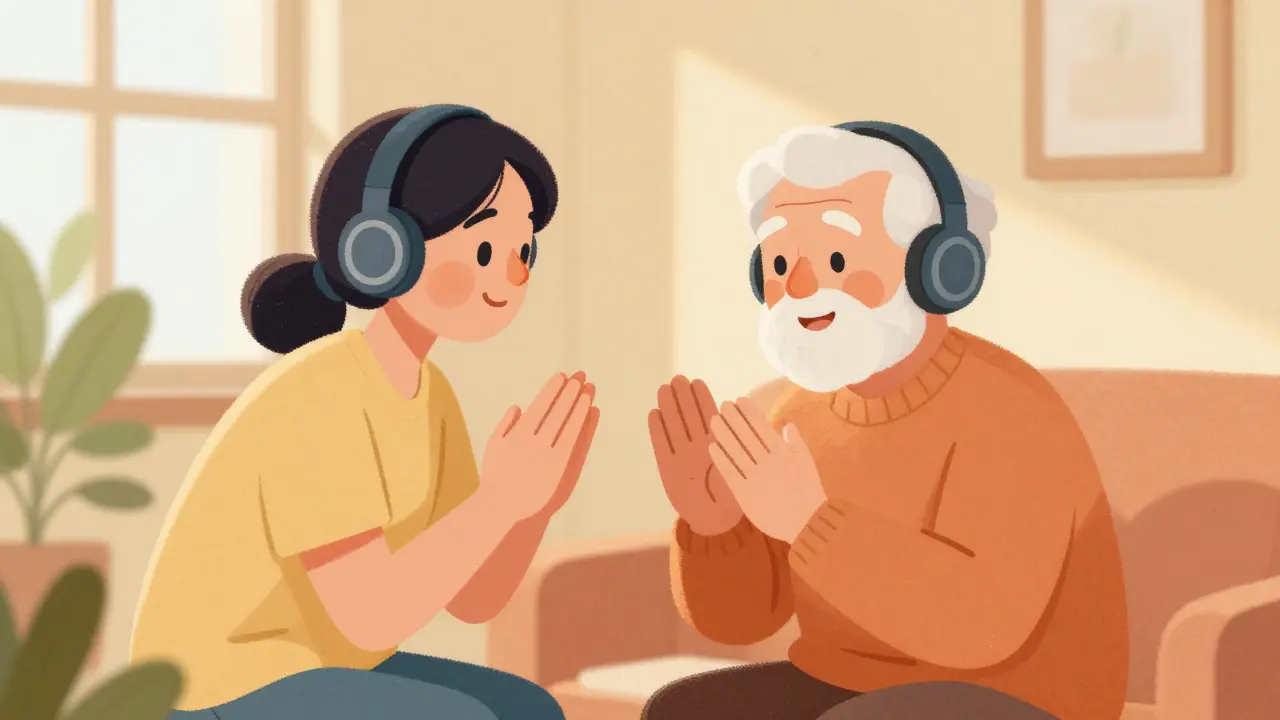 Caregiver playing music for a smiling senior in a sunny room