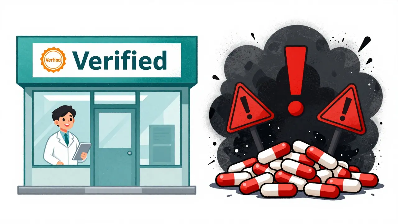 Comparison of safe verified pharmacy versus dangerous scam site with warning signs