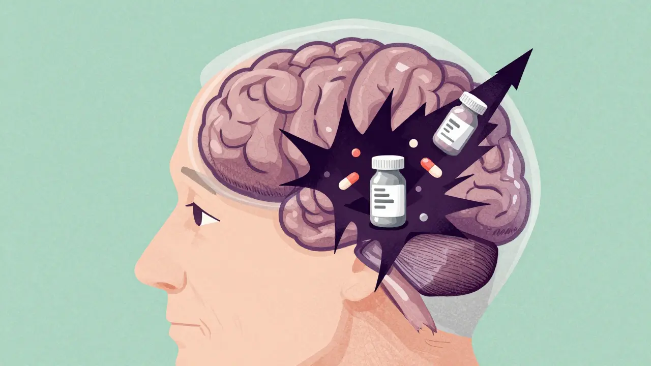 Conceptual illustration of stroke risk affecting an elderly person's brain