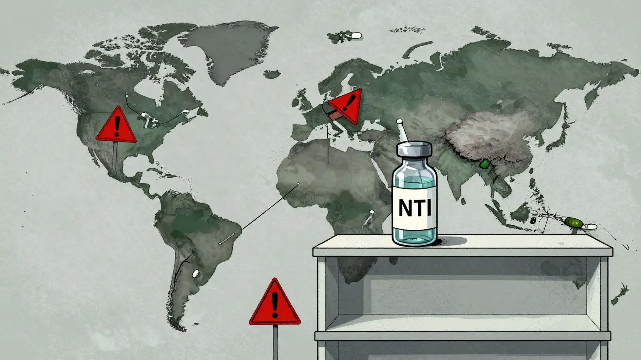 Fragile medication vials on a sparse shelf highlighting NTI drug shortages.