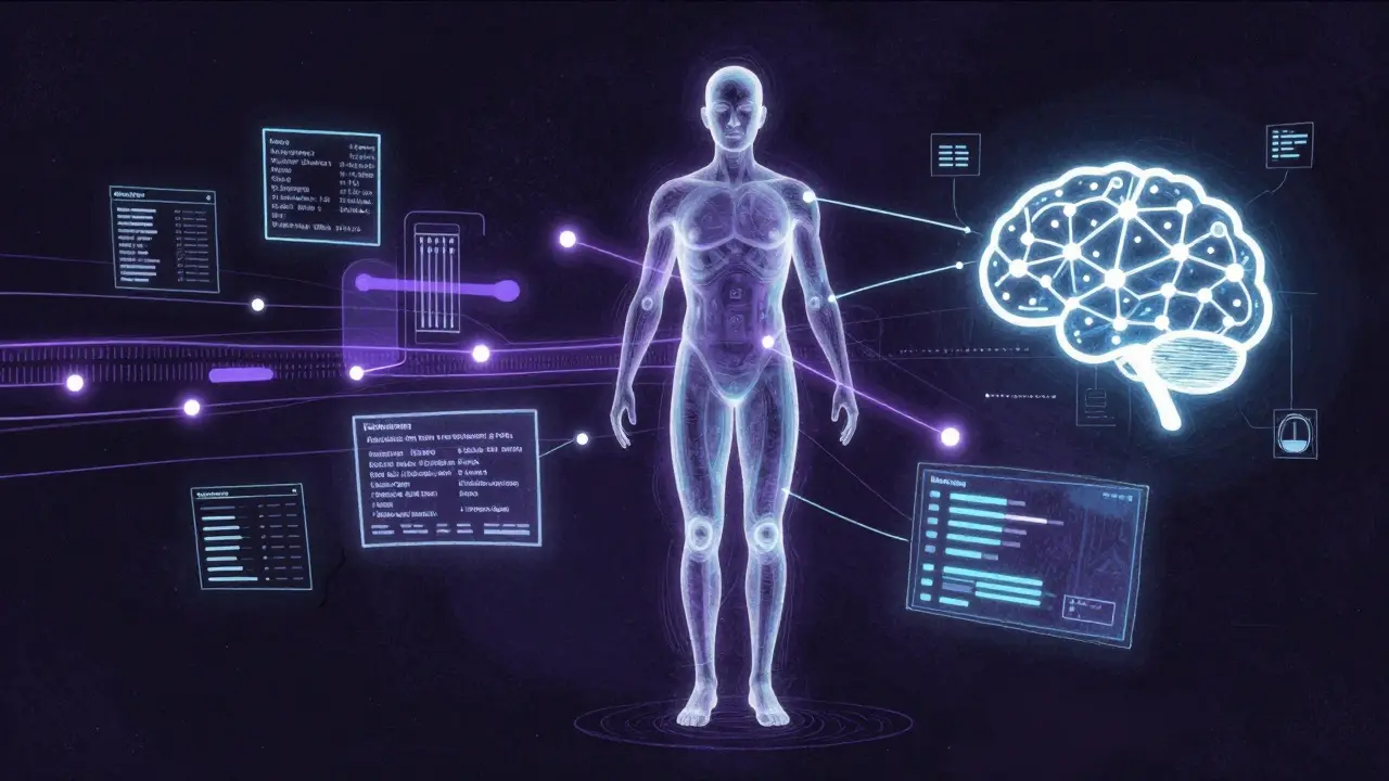 Holographic human figure surrounded by AI data streams and neural networks