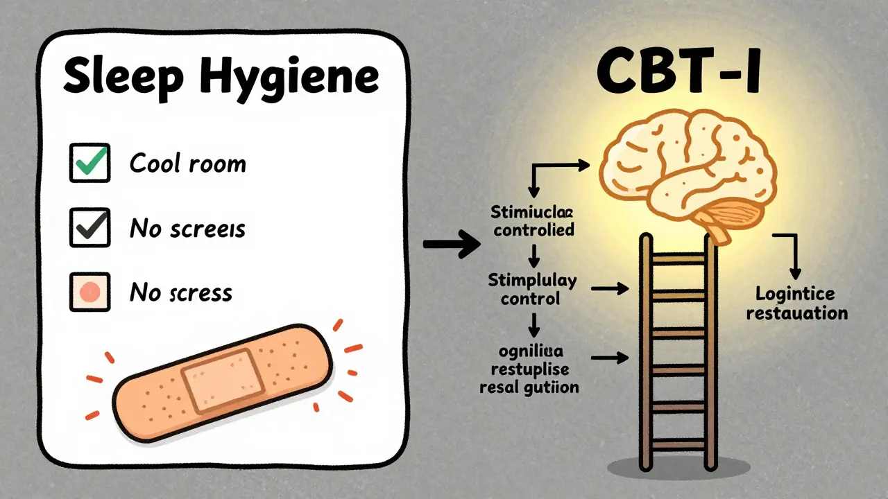 Illustration comparing limited sleep hygiene to effective CBT-I therapy structure.