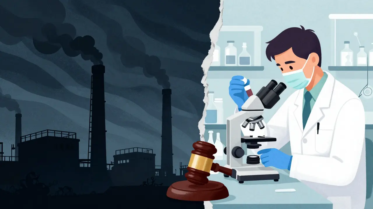 Illustration contrasting a toxic factory past with a safe modern lab, symbolizing drug regulation.