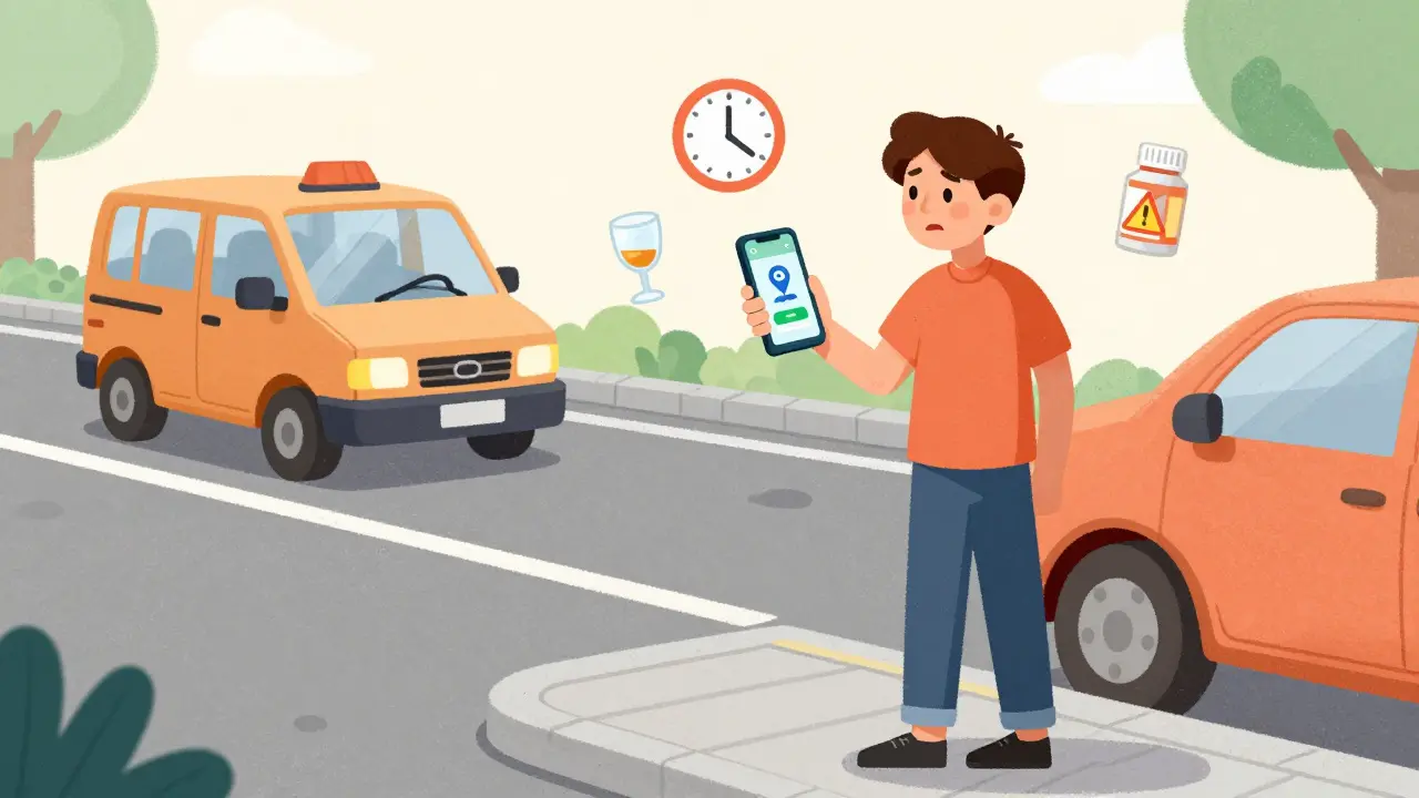 Illustration of a person calling a ride-share service instead of driving impaired.
