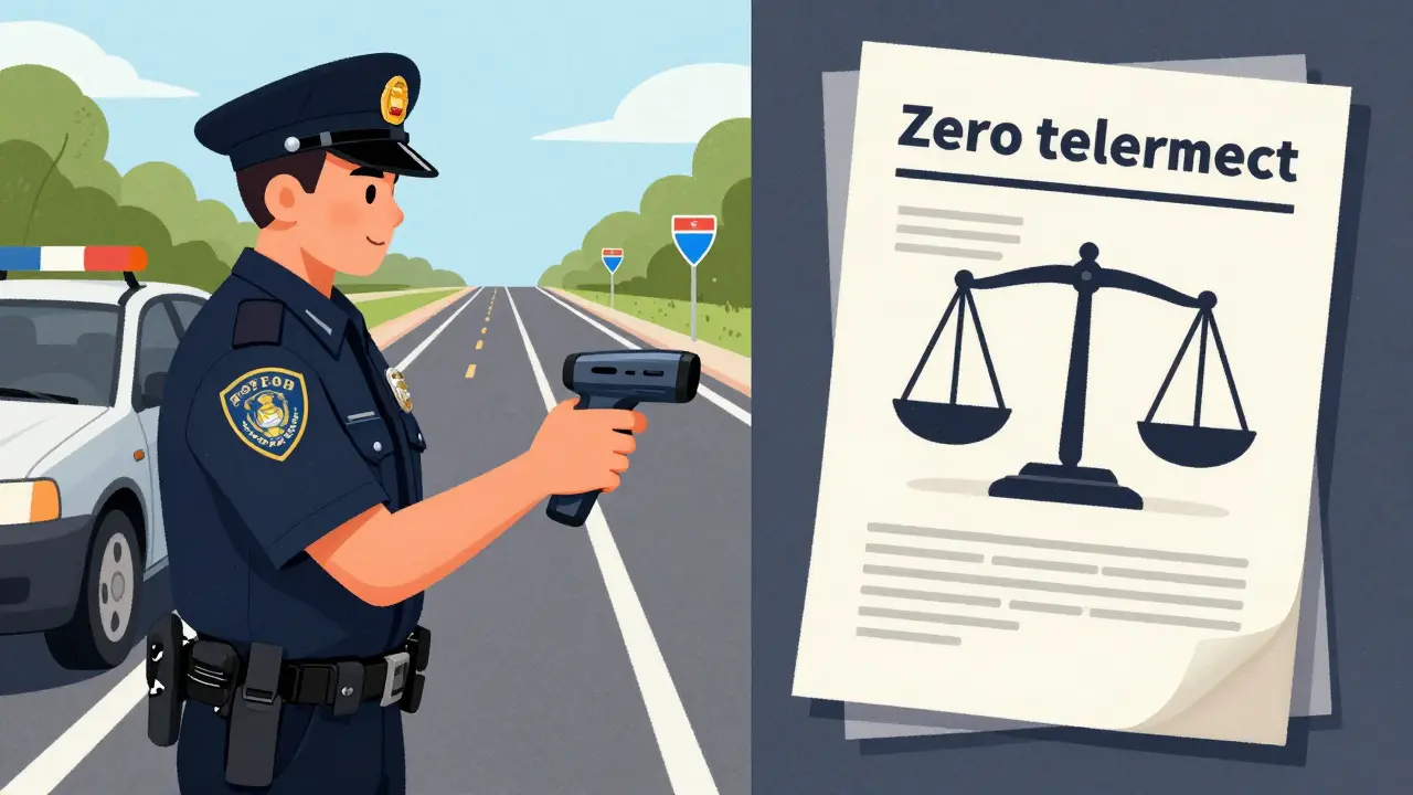 Illustration of a police officer testing a driver with a drug screening device.