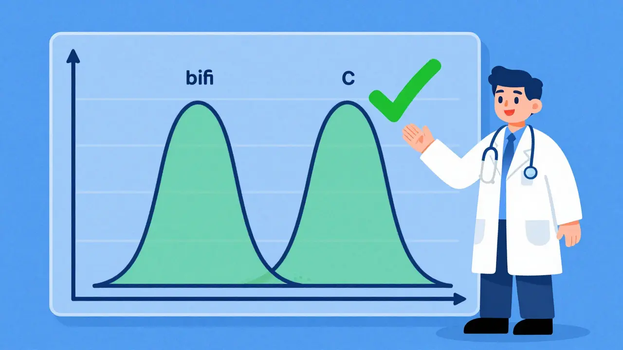 Illustration of bioequivalence study with overlapping absorption curves