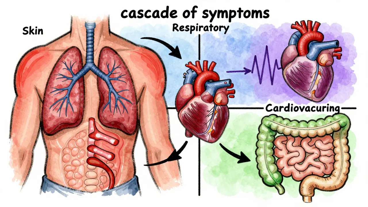 Illustration of body systems reacting to chemo: skin, lungs, heart, gut