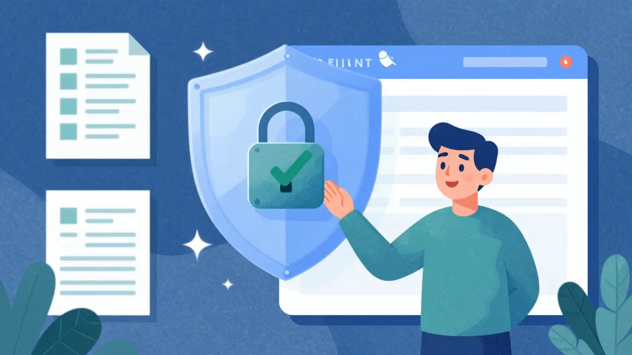 Illustration of secure online pharmacy ordering with shield icon and verified documents